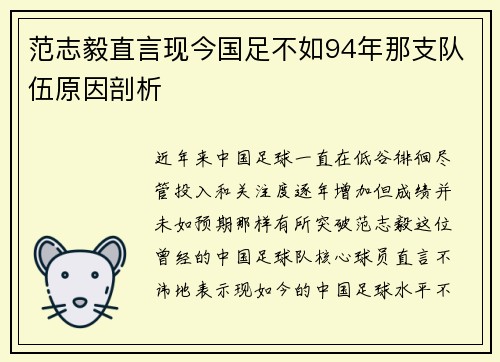范志毅直言现今国足不如94年那支队伍原因剖析 范志毅直言现今国足不如94年那支队伍原因剖析