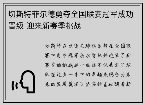 切斯特菲尔德勇夺全国联赛冠军成功晋级 迎来新赛季挑战 切斯特菲尔德勇夺全国联赛冠军成功晋级 迎来新赛季挑战