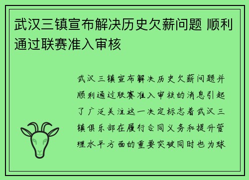 武汉三镇宣布解决历史欠薪问题 顺利通过联赛准入审核