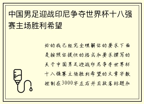 中国男足迎战印尼争夺世界杯十八强赛主场胜利希望