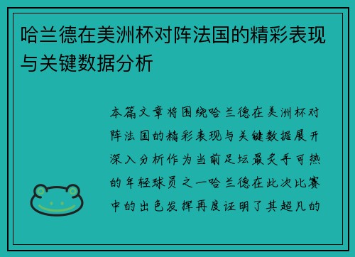 哈兰德在美洲杯对阵法国的精彩表现与关键数据分析
